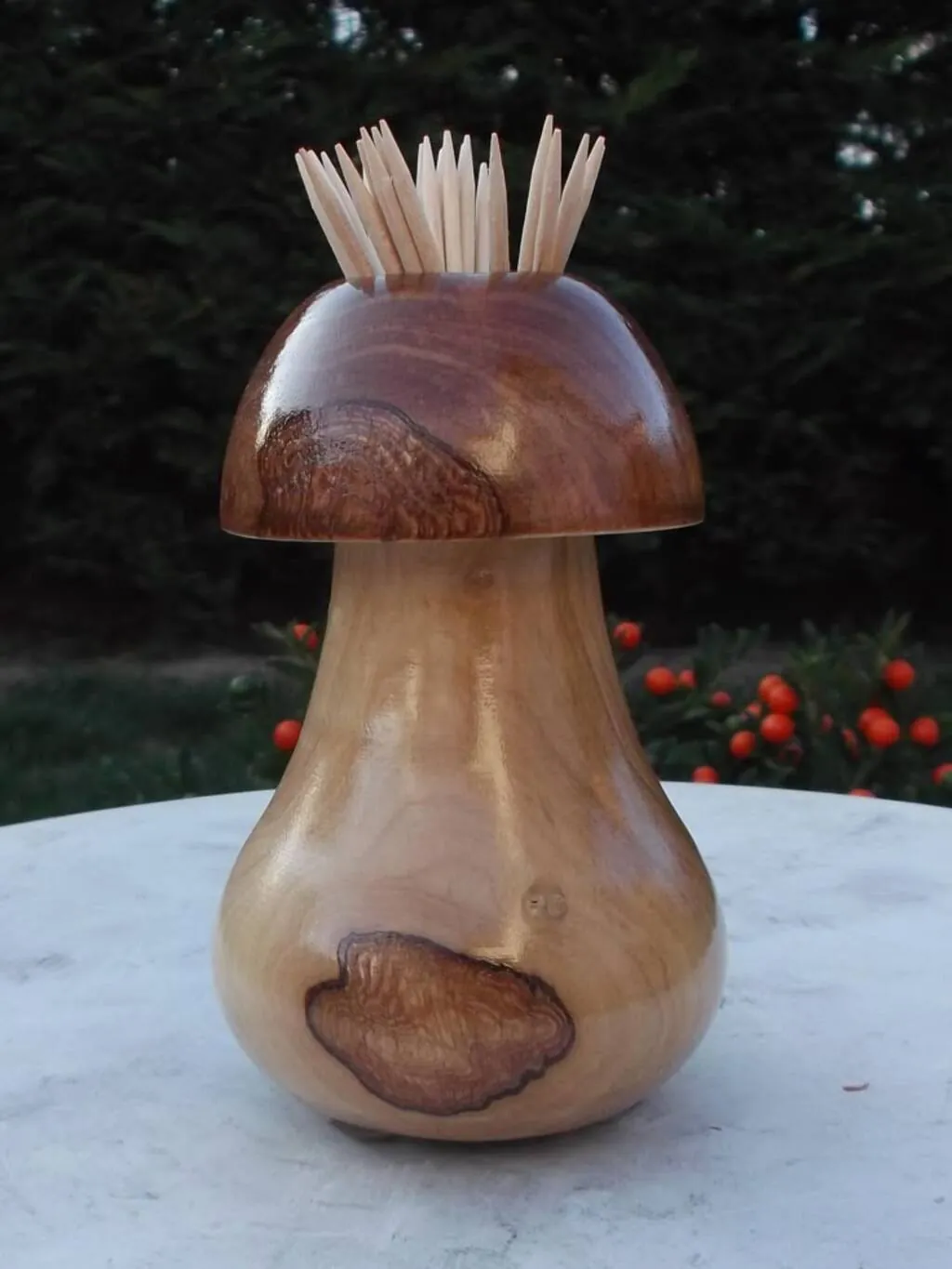 Handcrafted wooden mushroom toothpick holder